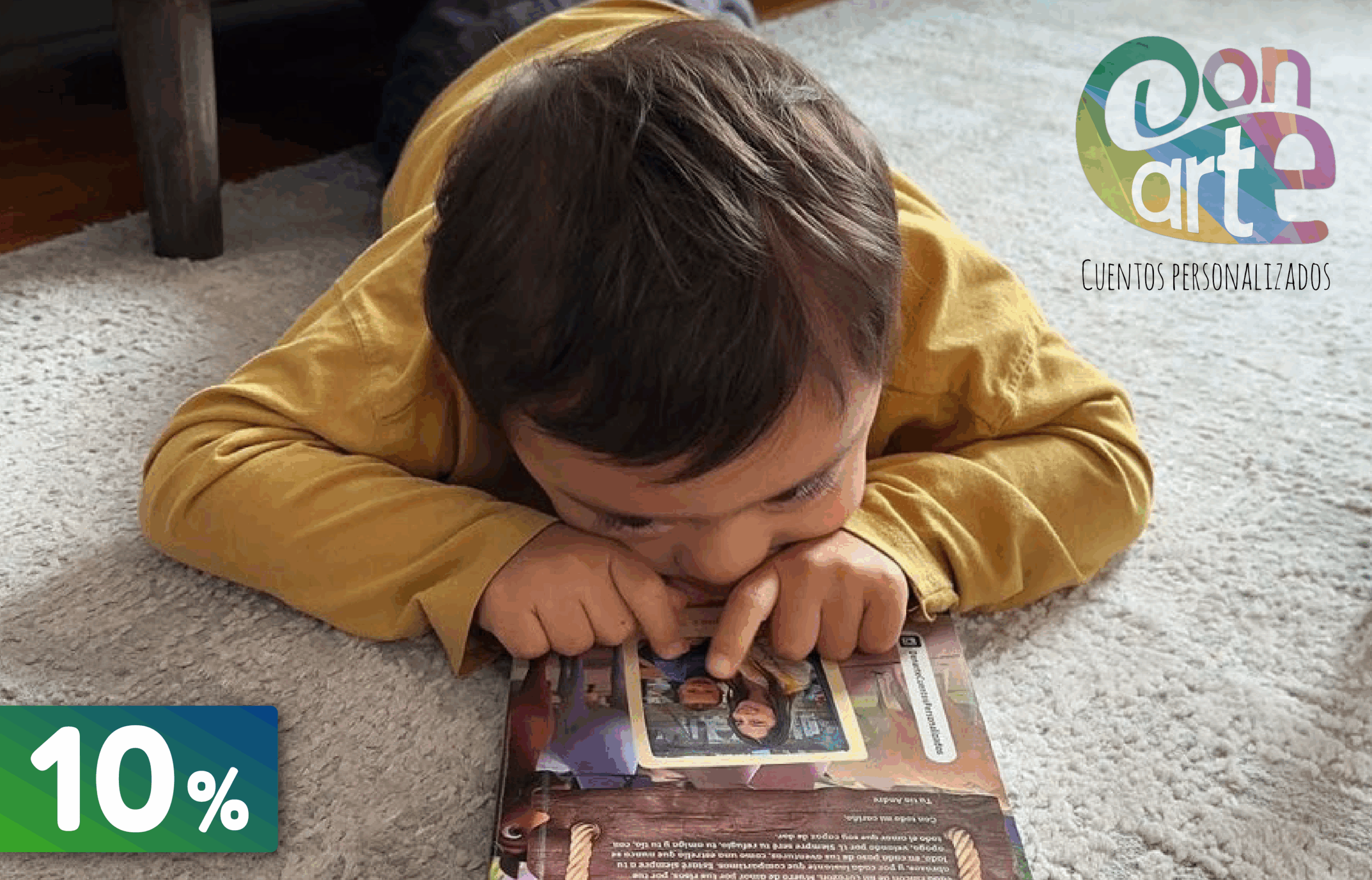 DonArte Un niño pequeño tirado en el piso, lee un libro 10% de descuento
