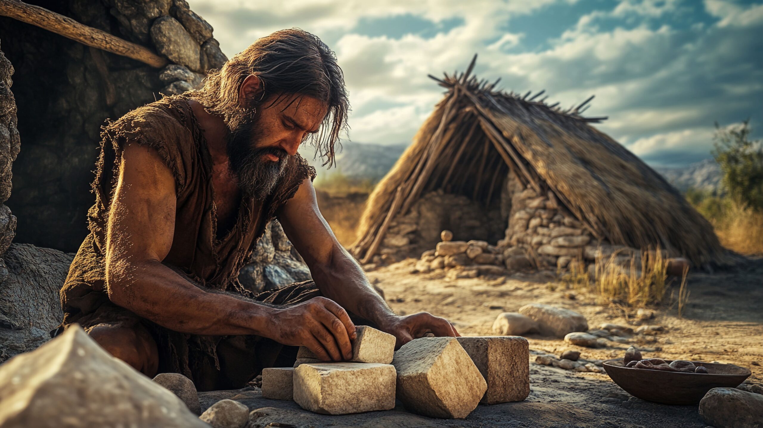 Un hombre del per&iacute;odo neol&iacute;tico est&aacute; sentado fente a su choza y golpea piedras entre s&iacute;, bajo un cielo despejado.