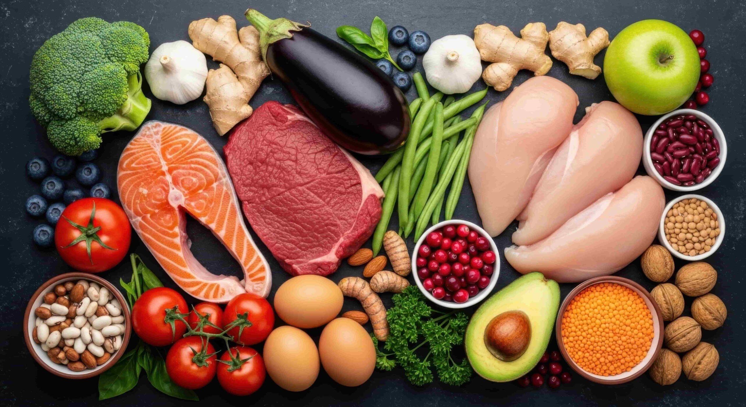 una-variedad-vibrante-de-alimentos-saludables-que-incluyen-pescado-carne-aves-de-corral-huevos-verduras-frutas-y-nueces (1) (2) Variedad de alimentos saludables como frutas, verduras, carnes, huevos, cereales.