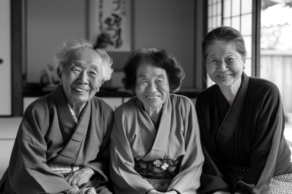 Familia japonesa centenaria, soriendo en su casa.