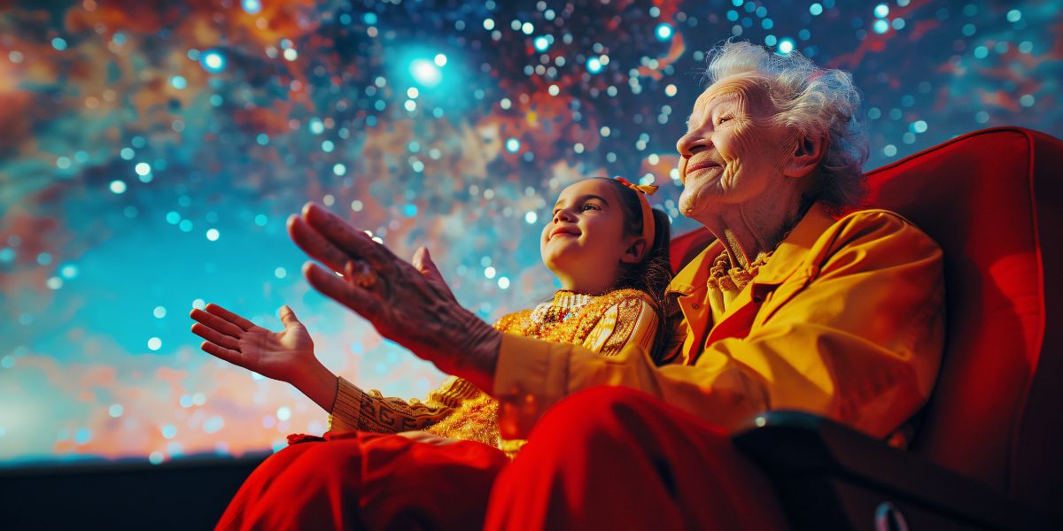 La imagen de la persona mayor y la ni&ntilde;a en un entorno m&aacute;gico con estrellas refleja la transmisi&oacute;n de sabidur&iacute;a entre generaciones y el misterio de los cerebros que resisten el envejecimiento. Las estrellas representan las memorias vivas entre ambas.