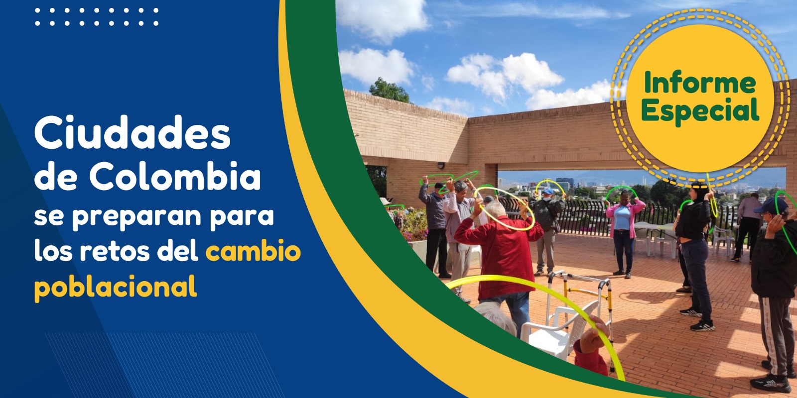 Ciudades de Colombia se preparan para los retos del cambio pobalcional. Un grupo de personas mayores hace ejercicio en una terraza de Bogotá, en un día soleado