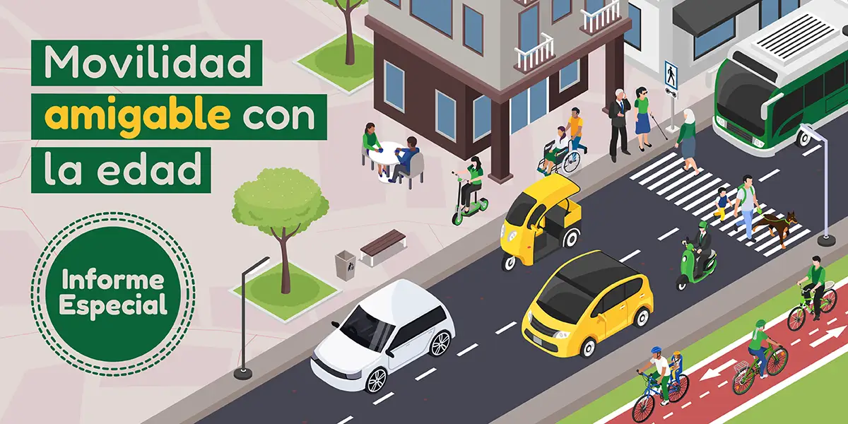 Movilidad amigable con la edad. En la escena se ve una ciudad con espacios para diferentes tipos de actores viales y medios de transporte