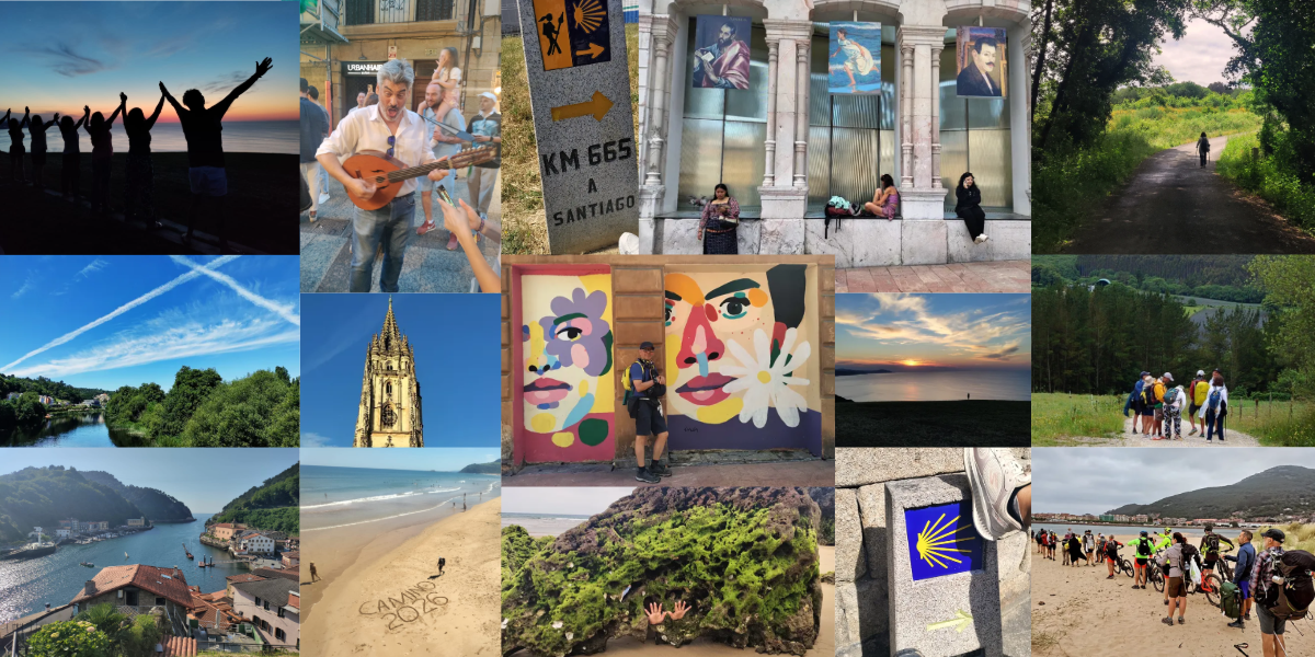 Collage de fotos del Camino de Santiago: paisajes de costa, monta&ntilde;a y senderos del norte de Espa&ntilde;a, peregrinos caminando con mochila y una imagen central del fotoperiodista colombiano Jos&eacute; Miguel G&oacute;mez Mogoll&oacute;n en ruta. Fotograf&iacute;as tomadas en 2026.