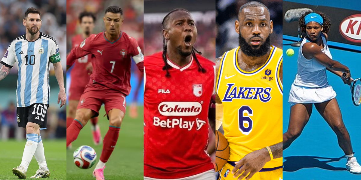 Collage con cinco deportistas de &eacute;lite: Lionel Messi, Cristiano Ronaldo, Hugo Rodallega, LeBron James y Serena Williams. Ordenados de izquierda a derecha, todos en acci&oacute;n durante sus respectivas disciplinas.