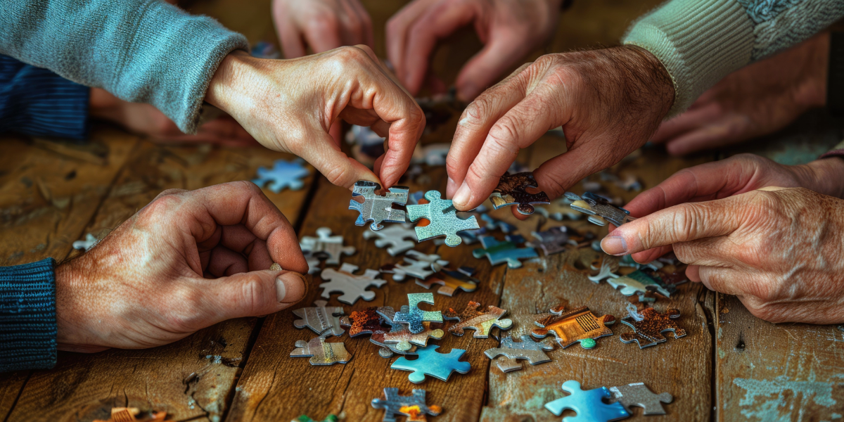 Día Mundial del Alzheimer Manos armando un rompecabezas.