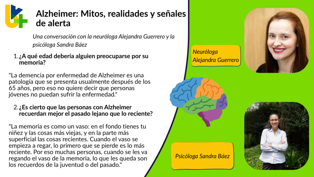 Infografía de mitos y realidades del Alzheimer con foto de dos especialistas.